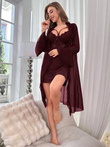 Slumberist Conjunto de camisón y bata de mujer elegante y sexy de unicolor con aplicaciones de encaje y tirantes finos - Granate - Ver 6