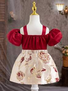 SHEIN Baby Girl Bow Decor Puff Sleeve Top And Floral Jacquard Skirt Dress Set - Burgundy - View 2