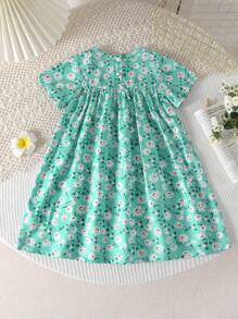 女婴褶皱花卉蕾丝拼接印花长袖睡衣裙，舒适家居服 - 綠色 - 查看 2