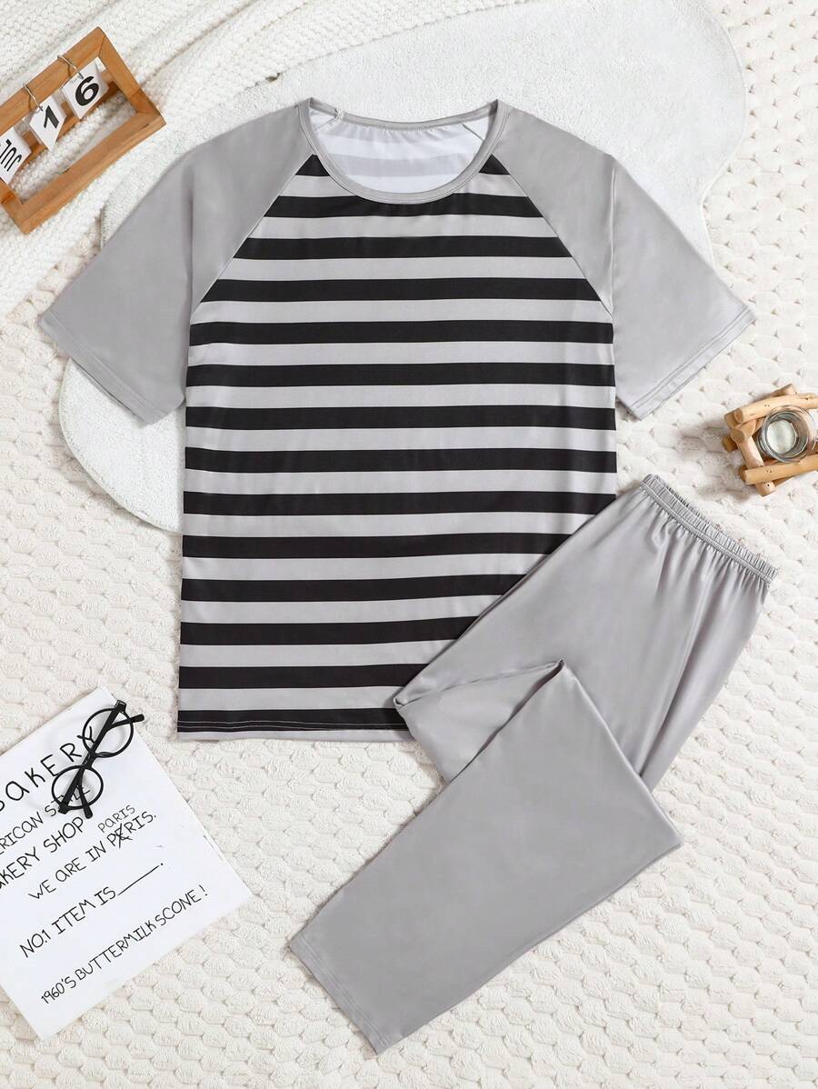 Men's Striped Round Neck Raglan Sleeve Top And Pants Lounge Outfit