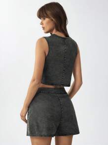 SHEIN LUNE Women V-Neck Button Tank Top And Casual Shorts Set, Summer Washed Vacation 2 Pieces Outfit - Black - View 5