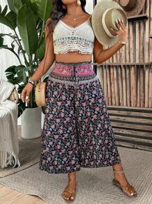 SHEIN Clasi Plus Size Women Cinched Waist Patterned 3/4 Pants - Multicolor - View 6