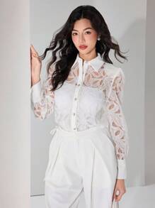Heiryn 女士蕾丝长袖单排扣优雅时尚衬衫 - 白色 - 查看 7