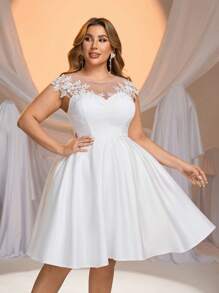 Glamrae Elegantes romantisches Brautkleid mit weißem Kragen, durchsichtig, A-Linie Silhouette, für Braut, Brautparty, kurzes Brautkleid, Große Größen