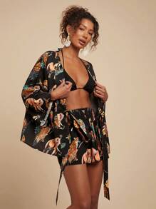 Travachic 女士度假优雅动物印花宽松 V 领系带衬衫