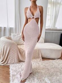 Breezaya Đầm len dệt kim hở lưng khoét cổ cho nữ - Hồng - Xem 7