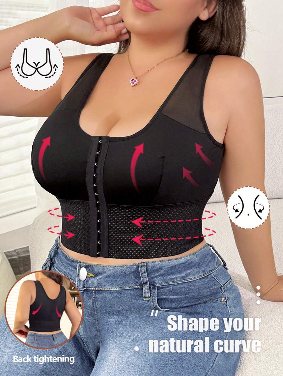 纯色网眼拼布前开襟紧身衣