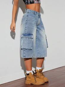 SHEIN ICON Pantalones capri de mezclilla de talle bajo hasta la rodilla para mujeres
