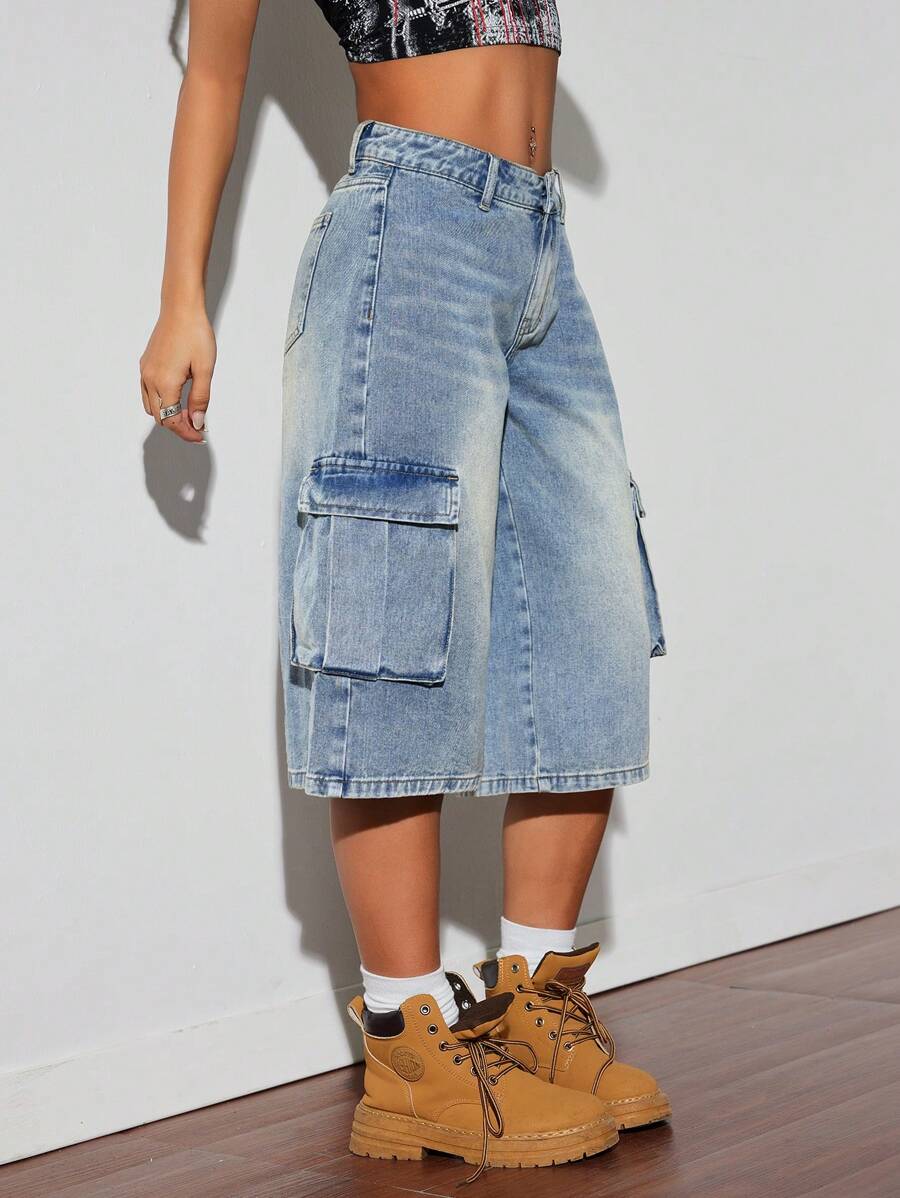 SHEIN ICON Low-Rise Women's Knee-Length Denim Capri Pants - Light Wash - View 1