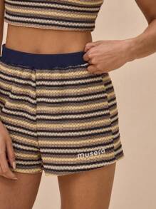 MUSERA Mid Rise Elasticated Waist Embroidered "" Striped Woven Hotpant Shorts Summer Chic Elegant - Coffee Brown - View 1