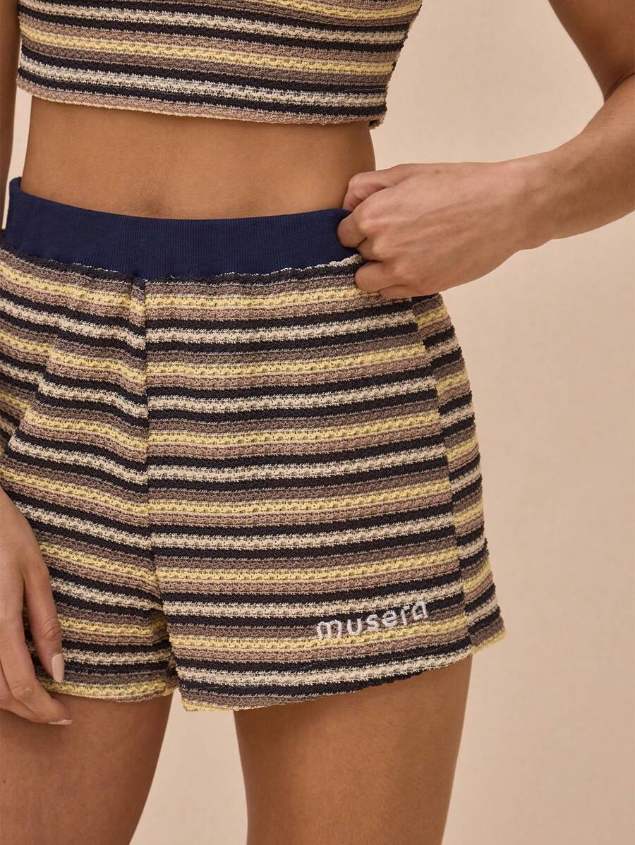 MUSERA Mid Rise Elasticated Waist Embroidered "" Striped Woven Hotpant Shorts Summer Chic Elegant - Coffee Brown - View 1