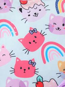 SHEIN 2pcs/Set Young Girls Cute Cat & Rainbow Cartoon Print Short Sleeve T-Shirt Top & Bow Shorts, Casual/Cute/Outdoor, Suitable For School Suitable For Summer