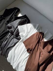 Comfortcana Áo thun nữ 4 món cổ vuông tay ngắn mùa hè, đơn sắc, thời trang mùa hè cho nữ - Nhiều màu - Xem 6