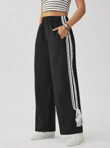 SHEIN LUNE Summer Casual  Western Clothes For Women Women's Black Side Striped Lace Trim Casual Straight Leg Pants - Black - View 2