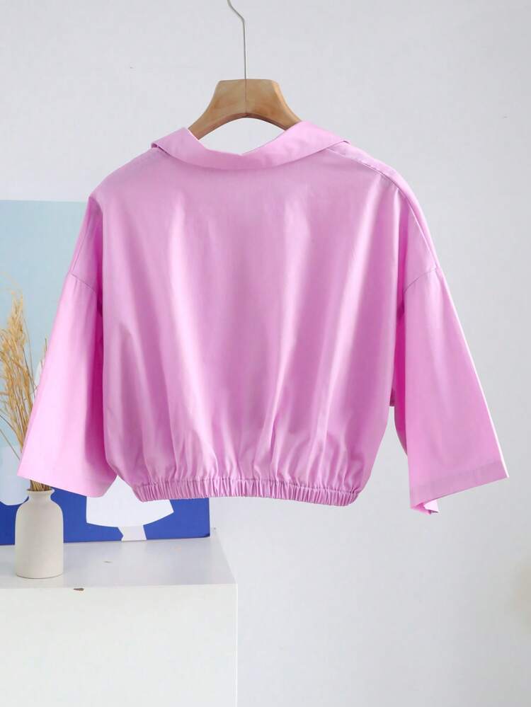 Women'S Solid Color Cropped Waist-Cinched Shirt Preppy Tops