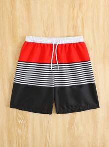 Tween Boy Stripe Patchwork Solid Colored Beach Shorts, Woven Fabric With Nylon Drawstring Waist