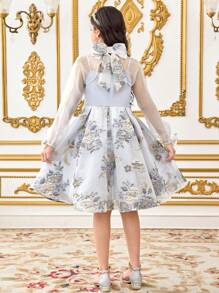 SHEIN 2pcs Set Tween Girls Elegant Jacquard Patchwork Stand Collar Slip Dress & Cover Up Outfit