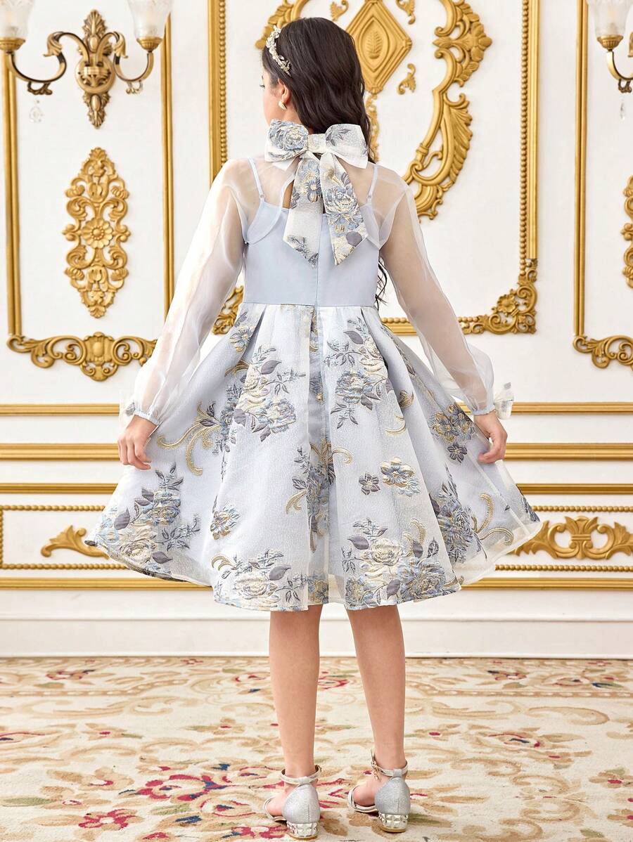 SHEIN 2pcs Set Tween Girls Elegant Jacquard Patchwork Stand Collar Slip Dress & Cover Up Outfit