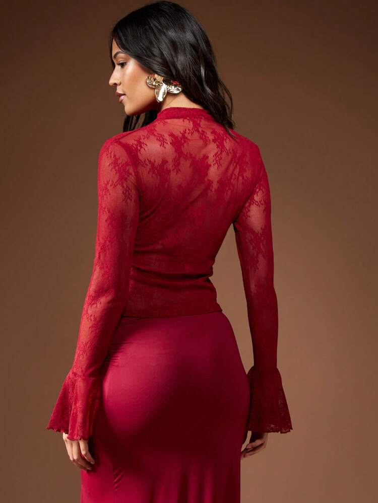 MISSGUIDED Sheer Lace Flare Cuff Long Sleeve High Neck Top Christmas