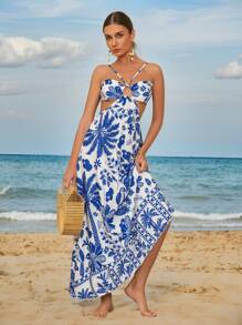 SHEIN Swim Springbreak Women's Sexy Criss-Cross Backless Printed Maxi Beach Cover Up Dress, Summer Vacation