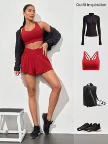 GLOWMODE Crossover Flowy Built-In Shorts 2-In-1 Quick-Dry Shorts Low Impact Breathable Cycling Running Gym Workout Summer - Maroon - View 6