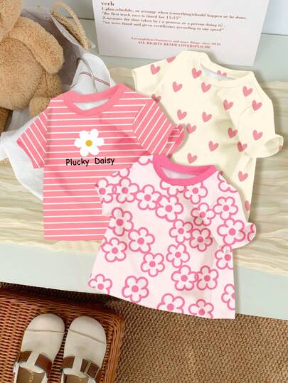 SHEIN Bộ 3 áo thun tay ngắn cổ tròn in họa tiết hoa, trái tim và sọc hồng cho bé gái, phù hợp cho mùa xuân và mùa hè
