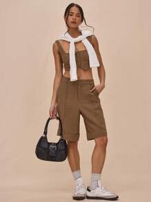 MUSERA Square Neck Button Up Extreme Cropped Waistcoat For Springs Summer Tops Cute - Brown - View 5