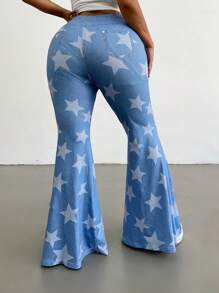 Flirla Plus Size Front Button Pocket Five-Pointed Star Print Simple Casual Pants, Everyday Wear - Multicolor - View 2