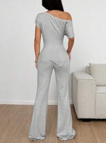 Lunelith SHEIN Lunessa Women's 2pcs/Set Women Casual Grey Asymmetric Ruched Hem Crop Top And Vintage Flared Pants, Stretchy, Soft, Simple Design For Spring/Summer Everyday Wear