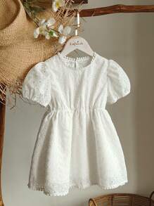 Vintaside Kids Girls' Summer Round Neck Short Sleeve Stylish Fresh Dress, Suitable For Attending Family Gatherings, Parties Or Banquets - White - View 3