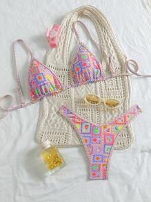 SHEIN Swim Women Spring Break Random Print Triangle Wireless Halter Top And High Cut Swim Bottoms Cute Beach Holiday Bikini Set, Summer Bathing Suit - Multicolor - View 1