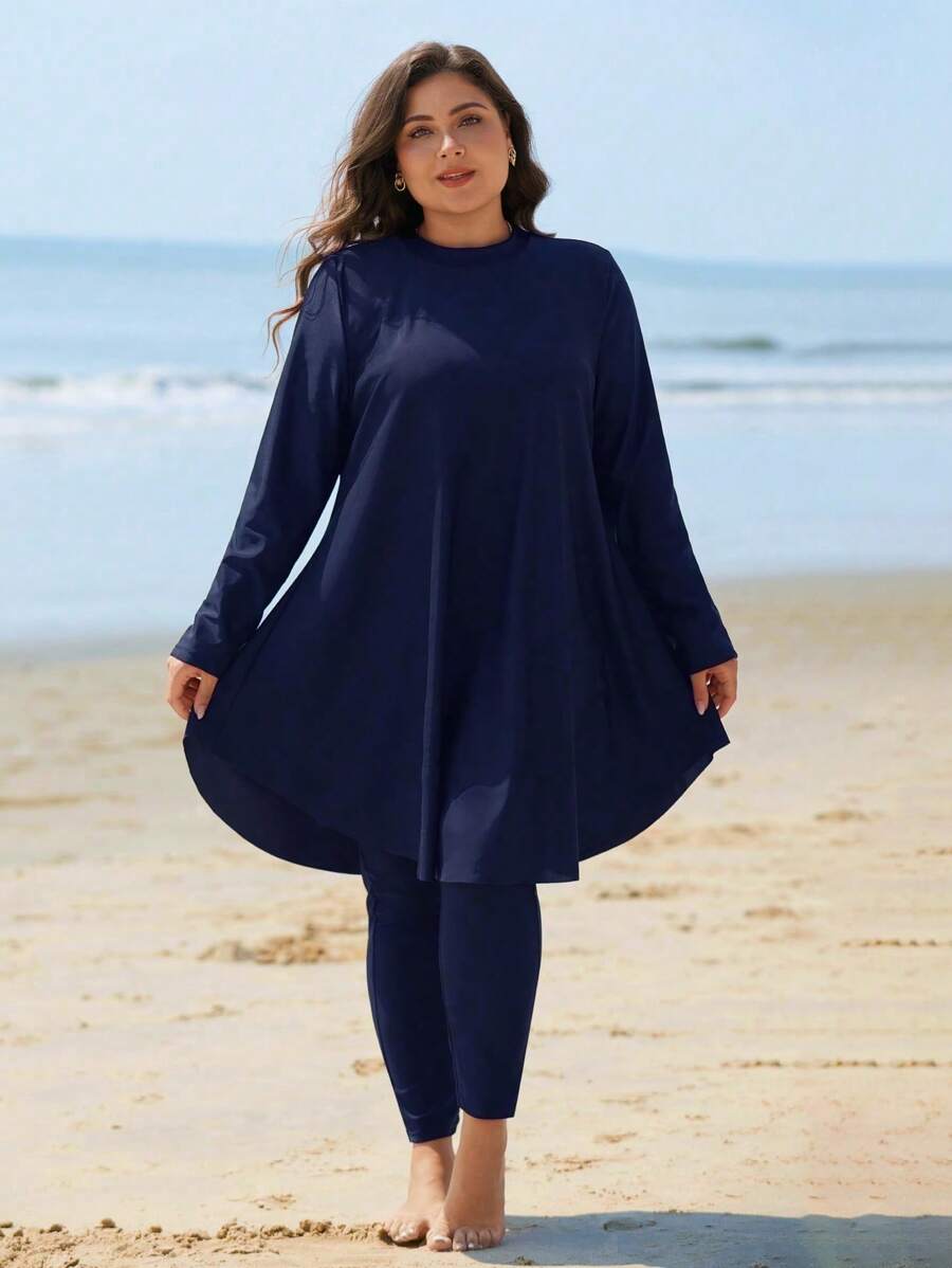 Swim Mulvari Plus Size Solid Color Split Style Burkini Set For Summer Beach Vacation