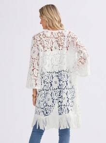 Miaspire White Embroidered Floral Fabric Splicing Tassel Hem Lightweight Women Jacket, Spring/Summer Resort Style - White - View 2