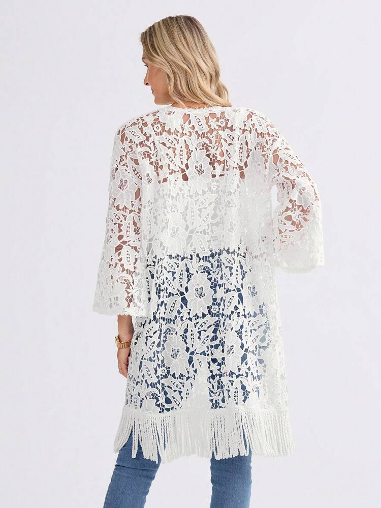 White Embroidered Floral Fabric Splicing Tassel Hem Lightweight Women Jacket, Spring/Summer Resort Style