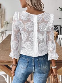 SHEIN LUNE Women's Vacation Casual Solid Color Floral Embroidery Mesh Blouse - Apricot - View 7