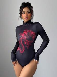 Elenzga 女式中国龙印花休闲修身长袖立领紧身衣 - 彩色 - 查看 1