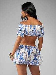 MISSGUIDED Tile Print Puff Sleeve Super Crop Bardot TopVacay Summer Resort Ibiza Mykonos Europe Vacation - Multicolor - View 2