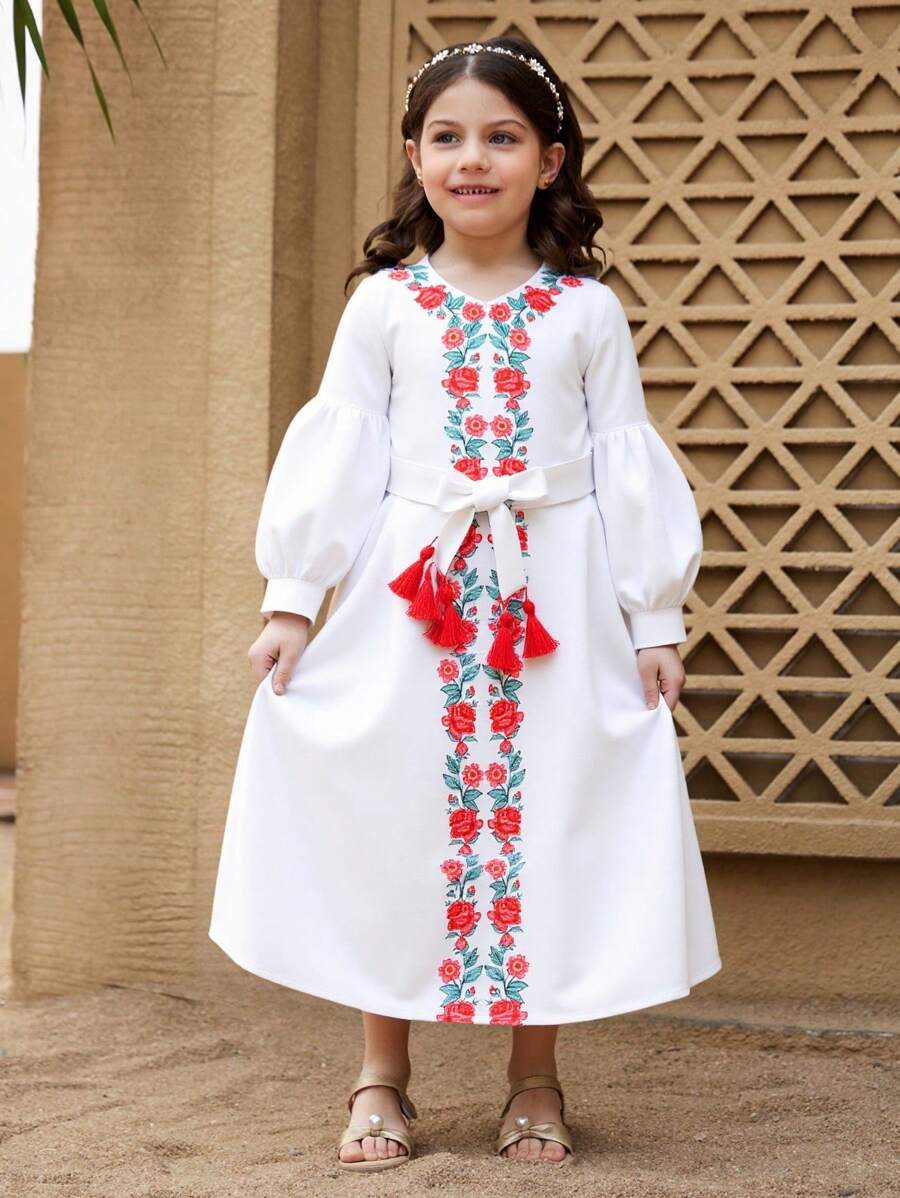 Young Girl Abaya Kaftan Jalabiya Tunic, Traditional Conservative Clothing, Rose Retro Print Vacation Casual Fashion Waist Belt Tassel Pendant Dress - Red - View 1