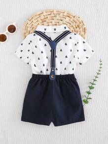 Cozy Pixies Set de 2 piezas para niño bebé que incluye corbata de moño, blusa de manga corta con cuello y pantalones cortos tipo babero. Adecuado para fiestas de cumpleaños, bautizos, 1er cumpleaños, galas, actuaciones, bodas, baby showers y otras ocasiones