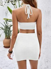 SHEIN VCAY Summer Boho Tassel Trim Tie Backless Halter Top & Bodycon Skirt Two Pieces Set