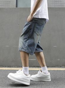 Manfinity EMRG Plus Size Men's Pocket Loose Casual Versatile 5-Inch Denim Shorts Going Out Urban Hang Out College - Medium Wash - View 4