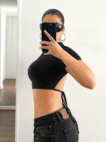 SHEIN ICON Y2K Casual Basic Fitted Backless Black T-Shirt - Black - View 5