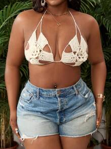 SHEIN Slayr CURVE Plus Size Women's Vacation 3D Crocheted Floral Halter Neck Cover Up Top - White - View 4