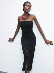 Maija Black Tassel Crochet Hemline Sweater Dress For Women, Strapless, Minimalist Design, Suitable For Summer, St. Patrick's Day, Spring Break, Easter - Black - View 3