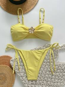 SHEIN Swim 2pcs/Set Women Beach Summer Outfits, Solid Color Spaghetti Strap Beaded Flower Metal Decor Bikini Set - Yellow - View 1