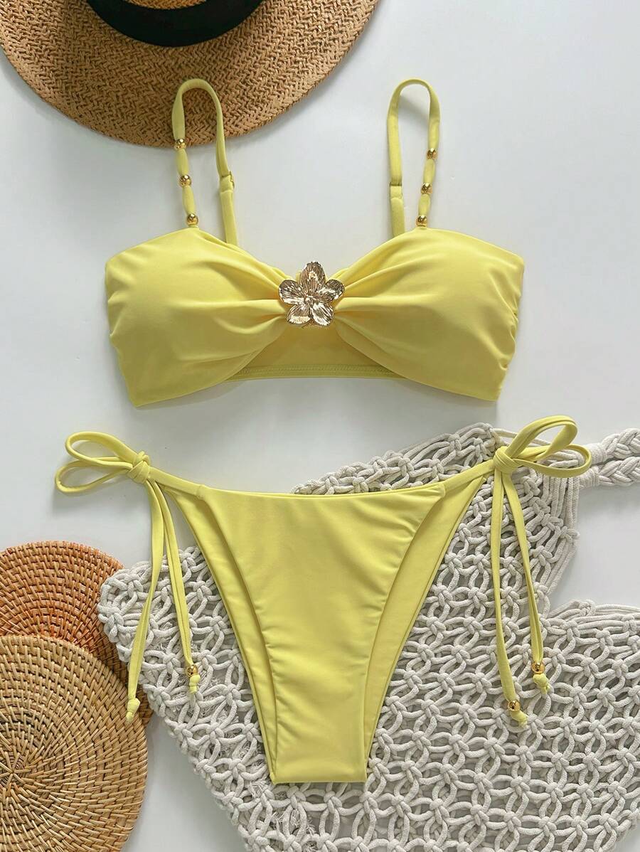 SHEIN Swim 2pcs/Set Women Beach Summer Outfits, Solid Color Spaghetti Strap Beaded Flower Metal Decor Bikini Set - Yellow - View 1