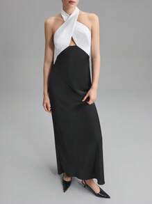 Ontre 女士无袖挂脖式拼色 A 字形连衣裙，塔夫绸轻质派对礼服，春夏