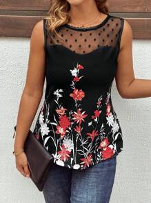 SHEIN Clasi Camiseta sin mangas de talla grande con estampado floral elegante y lunares de malla