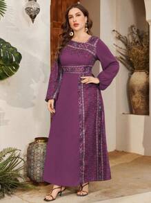 Al Najma Ropa de estilo árabe con diseño asimétrico estampado, de talla grande, recatado - Rojo violeta - Ver 4