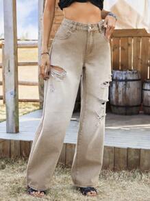 Breezaya Gradient Ripped Pocket Zip Wide-Leg Jeans, Suitable For Everyday Wear - Yellow - View 5